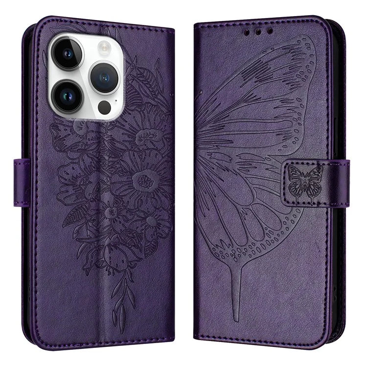 YB Imprinting Series-4 For iPhone 16 Pro Max Case Butterfly Flower Flip Wallet Leather Phone Cover