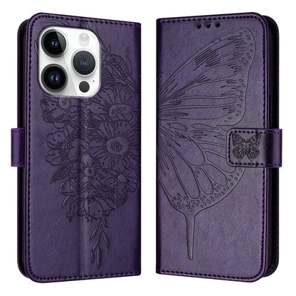 YB Imprinting Series-4 For iPhone 16 Pro Max Case Butterfly Flower Flip Wallet Leather Phone Cover