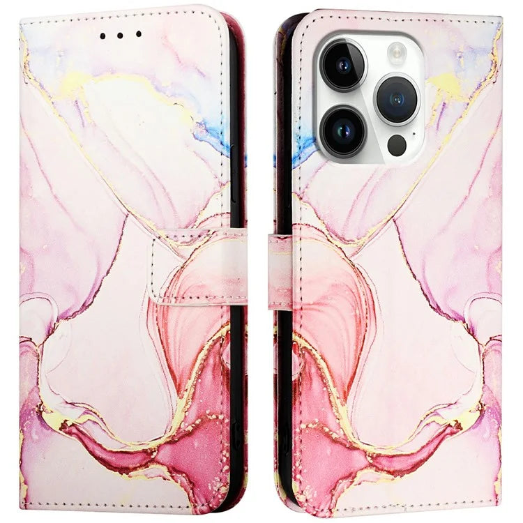 YB Pattern Printing Leather Series-6 For iPhone 16 Pro Max Case Marble Wallet Crossbody Phone Cover