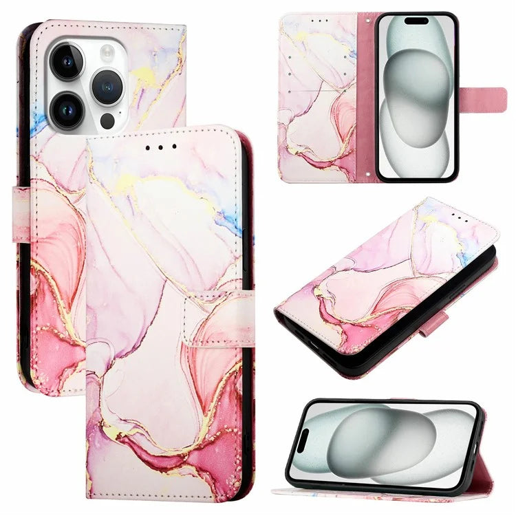 YB Pattern Printing Leather Series-6 For iPhone 16 Pro Max Case Marble Wallet Crossbody Phone Cover