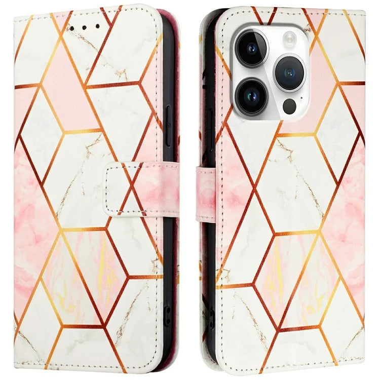 YB Pattern Printing Leather Series-6 For iPhone 16 Pro Max Case Marble Wallet Crossbody Phone Cover