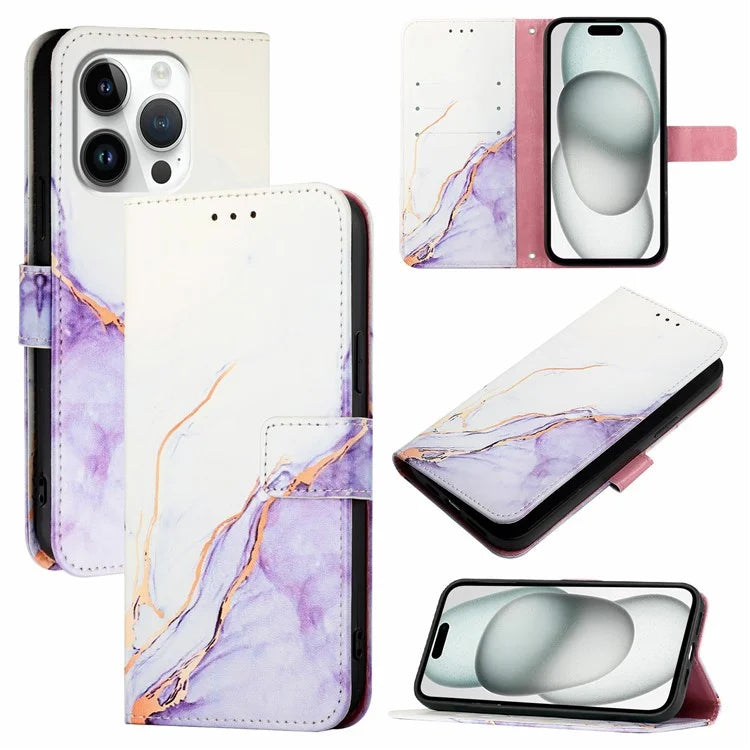 YB Pattern Printing Leather Series-6 For iPhone 16 Pro Max Case Marble Wallet Crossbody Phone Cover