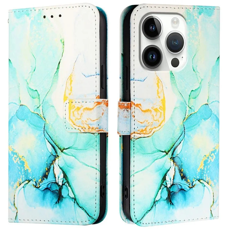 YB Pattern Printing Leather Series-6 For iPhone 16 Pro Max Case Marble Wallet Crossbody Phone Cover