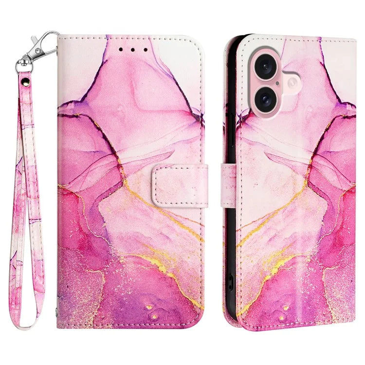 YB Pattern Printing Leather Series-5 For iPhone 16 Plus Case Marble Pattern Wallet Phone Cover