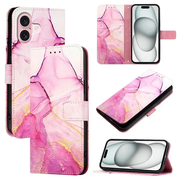 YB Pattern Printing Leather Series-5 For iPhone 16 Plus Case Marble Pattern Wallet Phone Cover