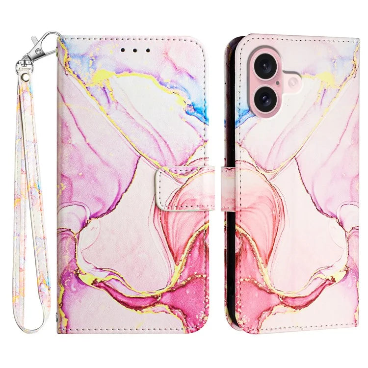 YB Pattern Printing Leather Series-5 For iPhone 16 Plus Case Marble Pattern Wallet Phone Cover