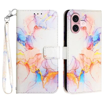 YB Pattern Printing Leather Series-5 For iPhone 16 Plus Case Marble Pattern Wallet Phone Cover
