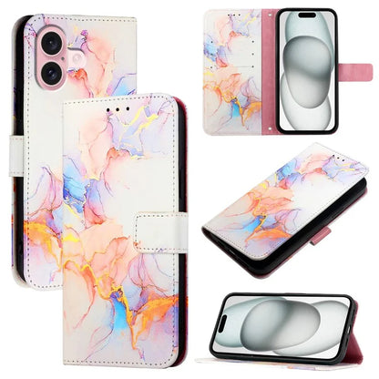 YB Pattern Printing Leather Series-5 For iPhone 16 Plus Case Marble Pattern Wallet Phone Cover