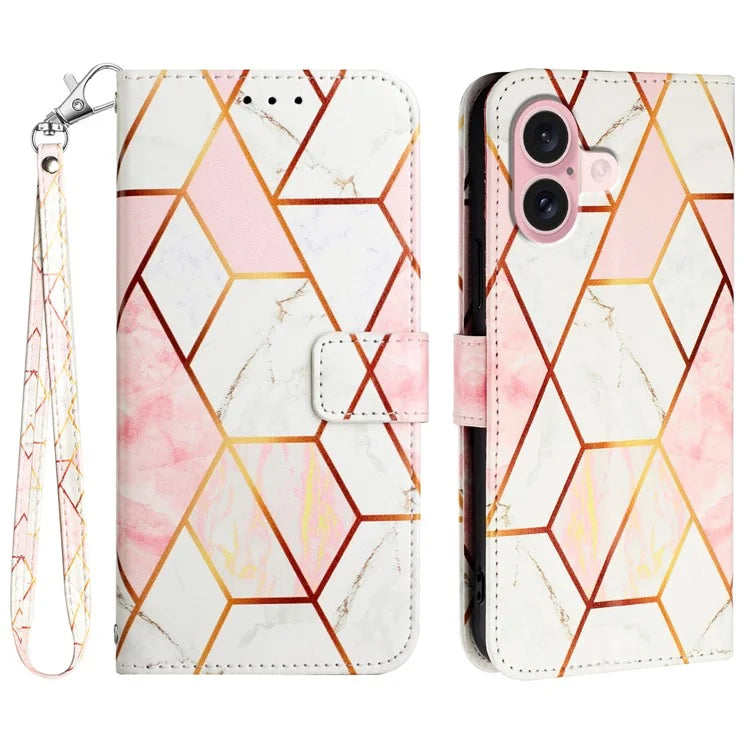 YB Pattern Printing Leather Series-5 For iPhone 16 Plus Case Marble Pattern Wallet Phone Cover