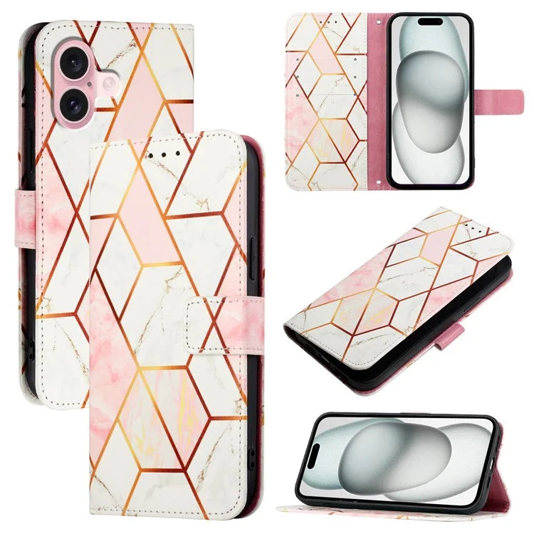 YB Pattern Printing Leather Series-5 For iPhone 16 Plus Case Marble Pattern Wallet Phone Cover