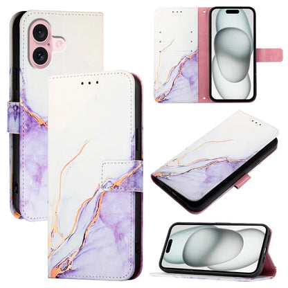 YB Pattern Printing Leather Series-5 For iPhone 16 Plus Case Marble Pattern Wallet Phone Cover