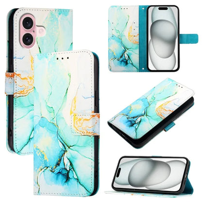 YB Pattern Printing Leather Series-5 For iPhone 16 Plus Case Marble Pattern Wallet Phone Cover