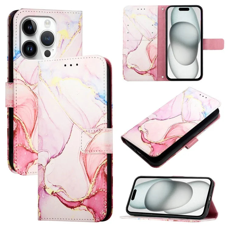 YB Pattern Printing Leather Series-5 For iPhone 16 Pro Max Case Marble Pattern Wallet Phone Cover