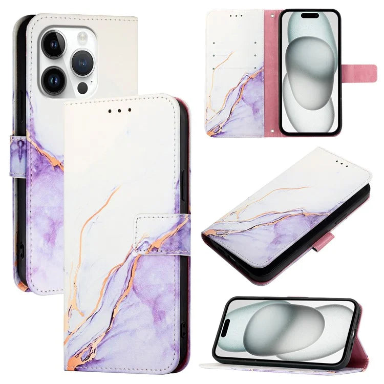 YB Pattern Printing Leather Series-5 For iPhone 16 Pro Max Case Marble Pattern Wallet Phone Cover