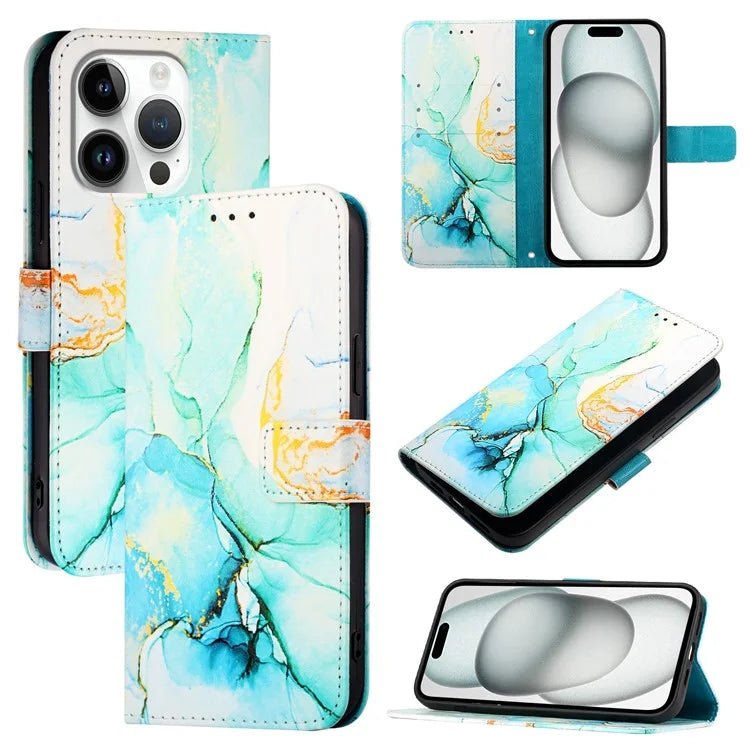 YB Pattern Printing Leather Series-5 For iPhone 16 Pro Max Case Marble Pattern Wallet Phone Cover