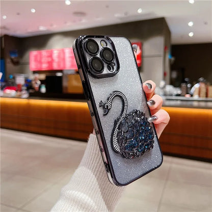 For  iPhone 16 Pro Max Case Swan Design Quicksand TPU Phone Cover with Glass Lens Film