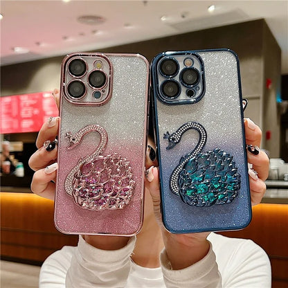 For  iPhone 16 Pro Max Case Swan Design Quicksand TPU Phone Cover with Glass Lens Film