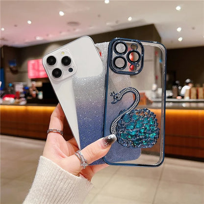 For  iPhone 16 Pro Max Case Swan Design Quicksand TPU Phone Cover with Glass Lens Film
