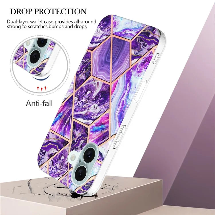 YB IMD Series-3 for iPhone 16 TPU Case Marble Pattern Electroplated Phone Back Cover
