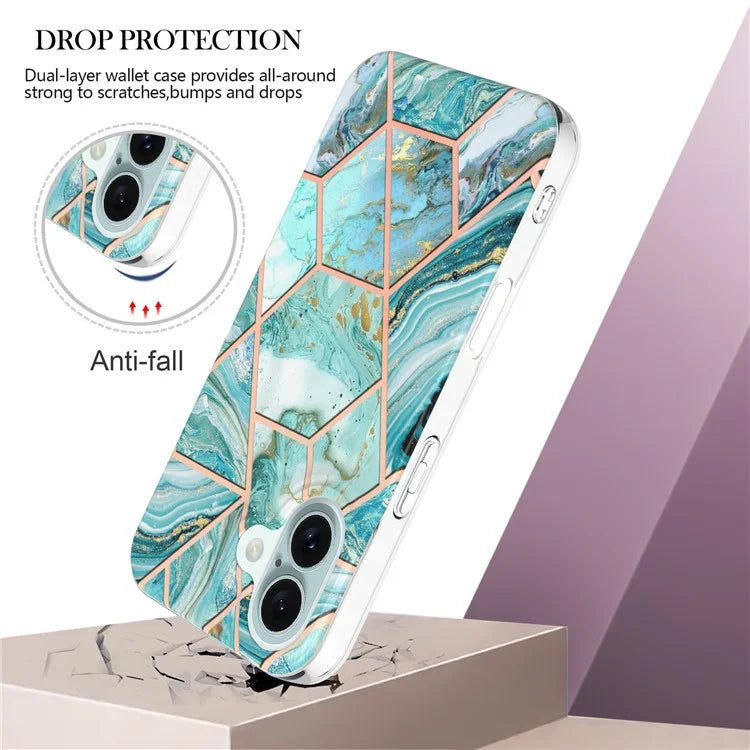 YB IMD Series-3 for iPhone 16 TPU Case Marble Pattern Electroplated Phone Back Cover