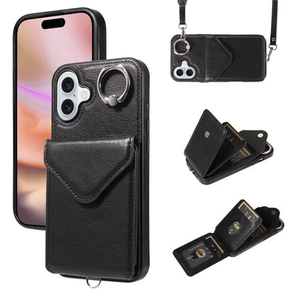 005 For iPhone 16 Plus Case PU Leather Back Cover Card Holder Ring Kickstand