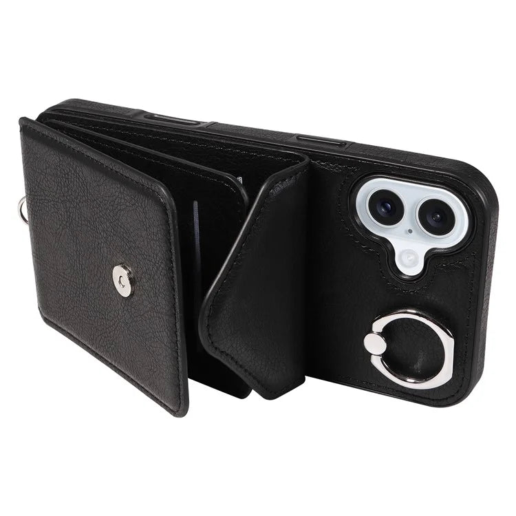 005 For iPhone 16 Plus Case PU Leather Back Cover Card Holder Ring Kickstand