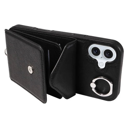 005 For iPhone 16 Plus Case PU Leather Back Cover Card Holder Ring Kickstand