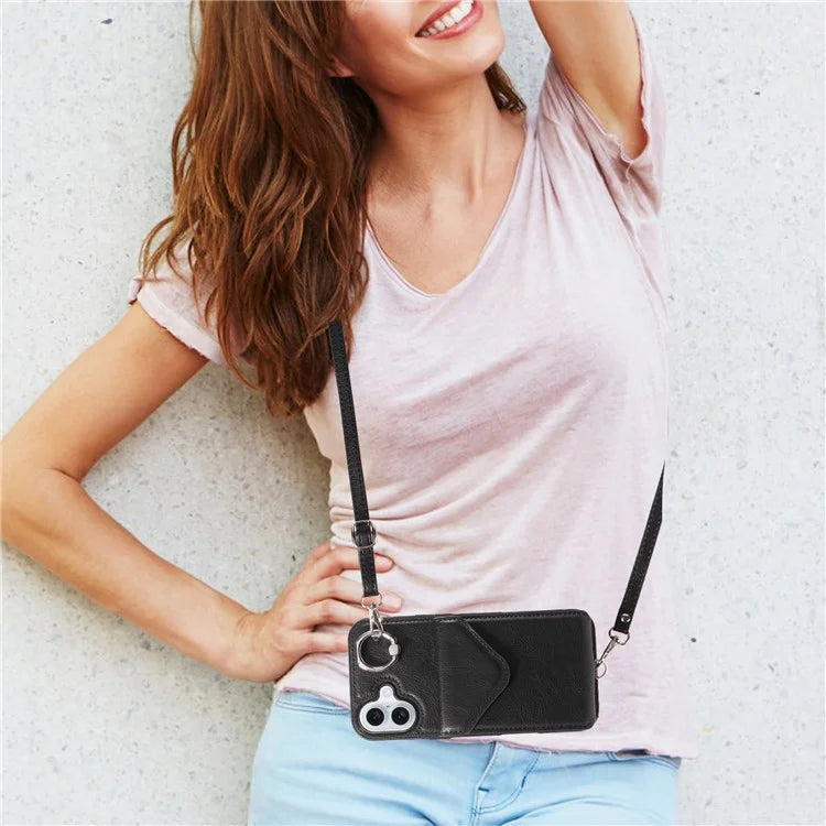 005 For iPhone 16 Plus Case PU Leather Back Cover Card Holder Ring Kickstand