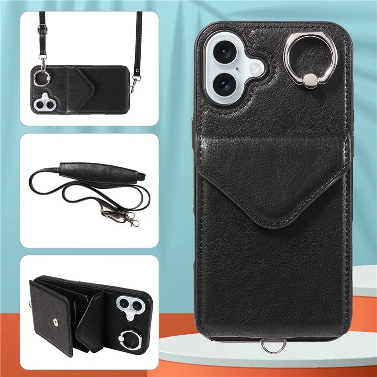 005 For iPhone 16 Plus Case PU Leather Back Cover Card Holder Ring Kickstand