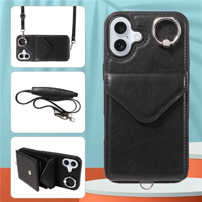 005 For iPhone 16 Plus Case PU Leather Back Cover Card Holder Ring Kickstand