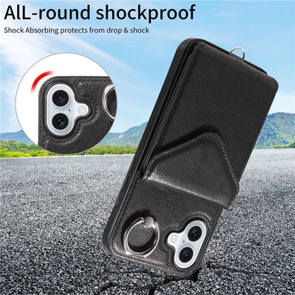 005 For iPhone 16 Plus Case PU Leather Back Cover Card Holder Ring Kickstand