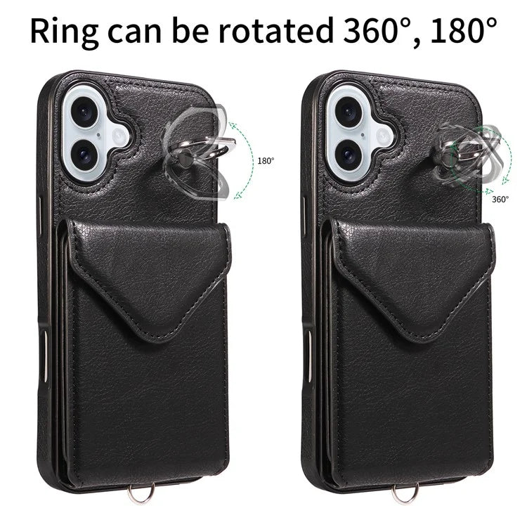 005 For iPhone 16 Plus Case PU Leather Back Cover Card Holder Ring Kickstand