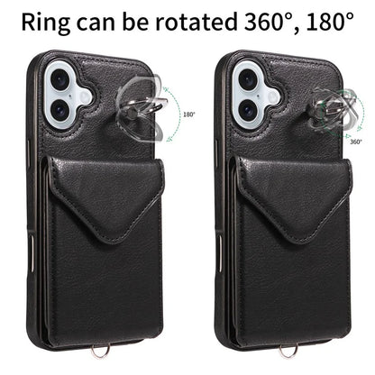 005 For iPhone 16 Plus Case PU Leather Back Cover Card Holder Ring Kickstand