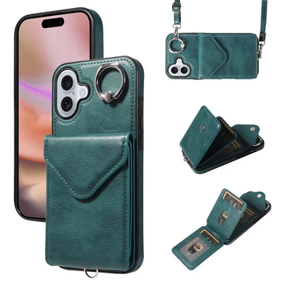 005 For iPhone 16 Plus Case PU Leather Back Cover Card Holder Ring Kickstand
