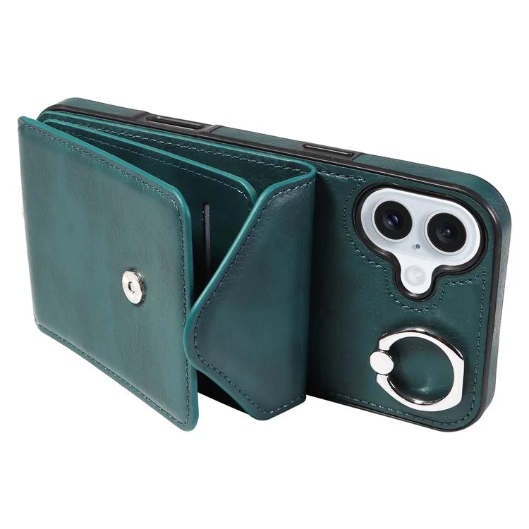 005 For iPhone 16 Plus Case PU Leather Back Cover Card Holder Ring Kickstand