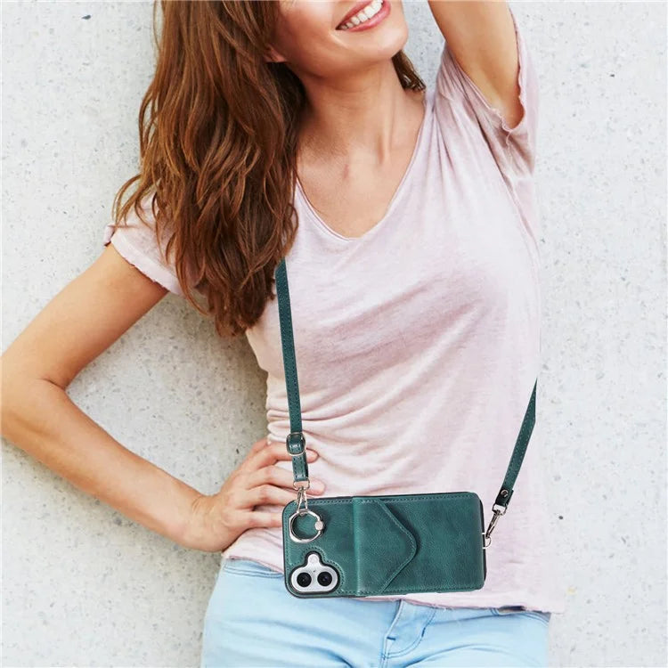 005 For iPhone 16 Plus Case PU Leather Back Cover Card Holder Ring Kickstand