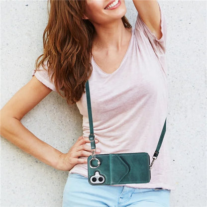 005 For iPhone 16 Plus Case PU Leather Back Cover Card Holder Ring Kickstand