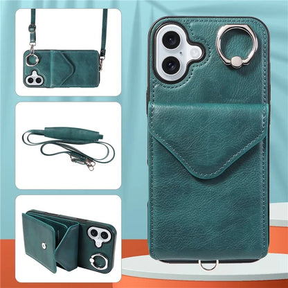 005 For iPhone 16 Plus Case PU Leather Back Cover Card Holder Ring Kickstand