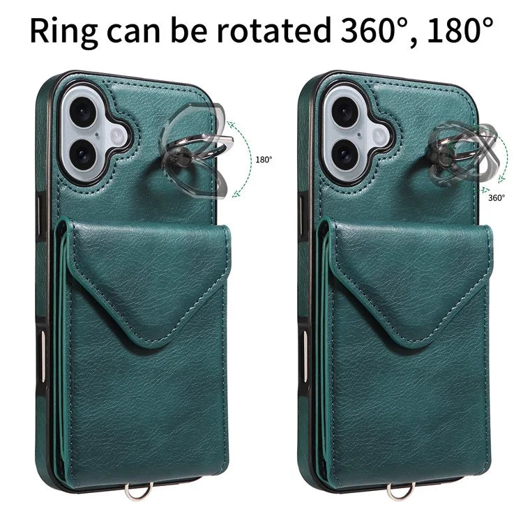 005 For iPhone 16 Plus Case PU Leather Back Cover Card Holder Ring Kickstand