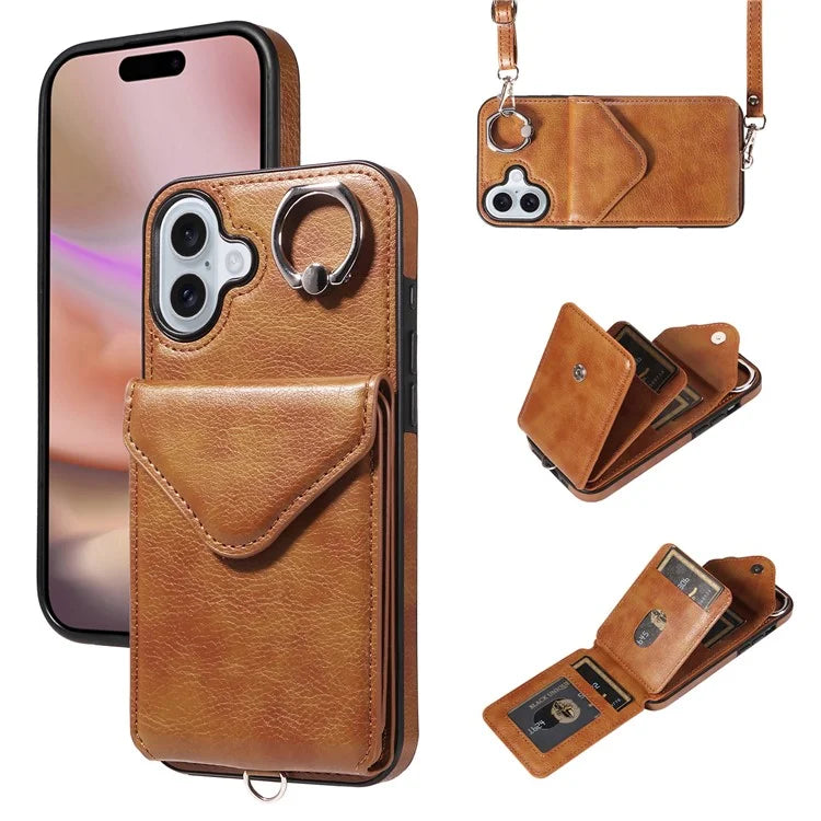 005 For iPhone 16 Plus Case PU Leather Back Cover Card Holder Ring Kickstand