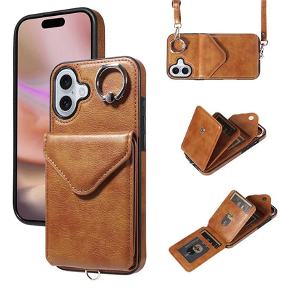 005 For iPhone 16 Plus Case PU Leather Back Cover Card Holder Ring Kickstand