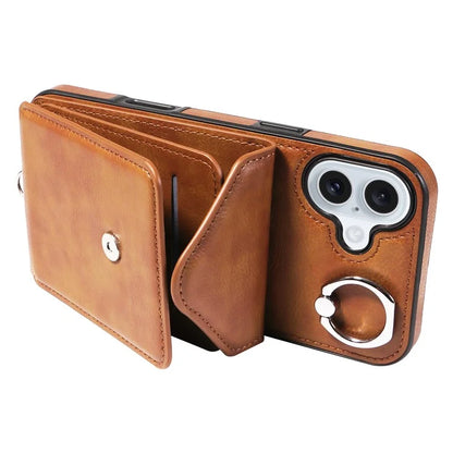 005 For iPhone 16 Plus Case PU Leather Back Cover Card Holder Ring Kickstand