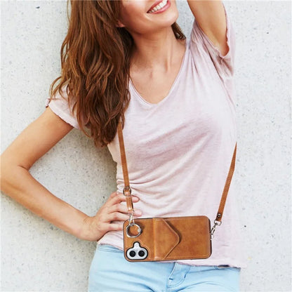 005 For iPhone 16 Plus Case PU Leather Back Cover Card Holder Ring Kickstand