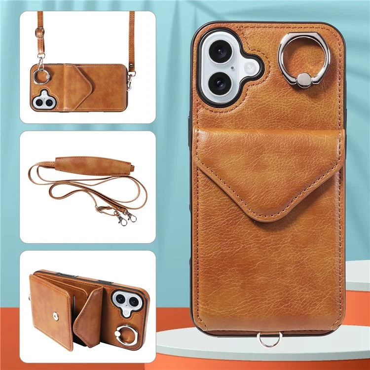 005 For iPhone 16 Plus Case PU Leather Back Cover Card Holder Ring Kickstand