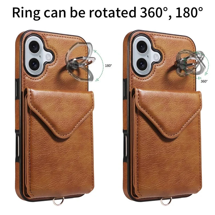 005 For iPhone 16 Plus Case PU Leather Back Cover Card Holder Ring Kickstand