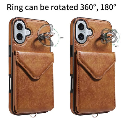 005 For iPhone 16 Plus Case PU Leather Back Cover Card Holder Ring Kickstand