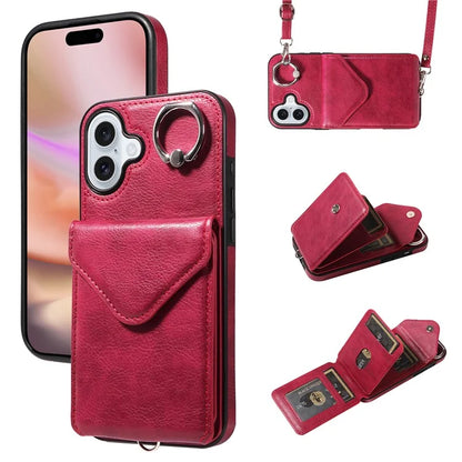 005 For iPhone 16 Plus Case PU Leather Back Cover Card Holder Ring Kickstand