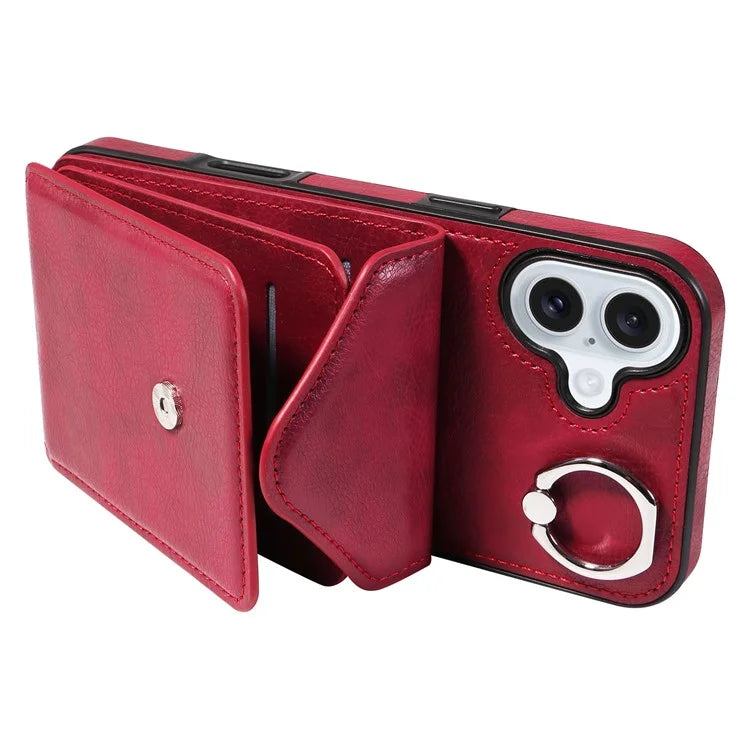 005 For iPhone 16 Plus Case PU Leather Back Cover Card Holder Ring Kickstand