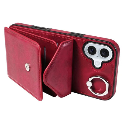 005 For iPhone 16 Plus Case PU Leather Back Cover Card Holder Ring Kickstand