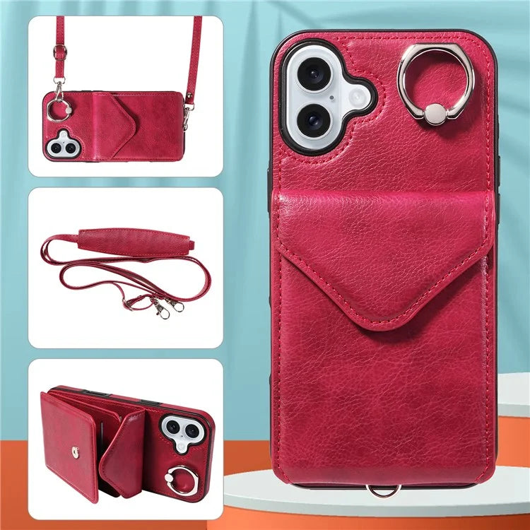 005 For iPhone 16 Plus Case PU Leather Back Cover Card Holder Ring Kickstand
